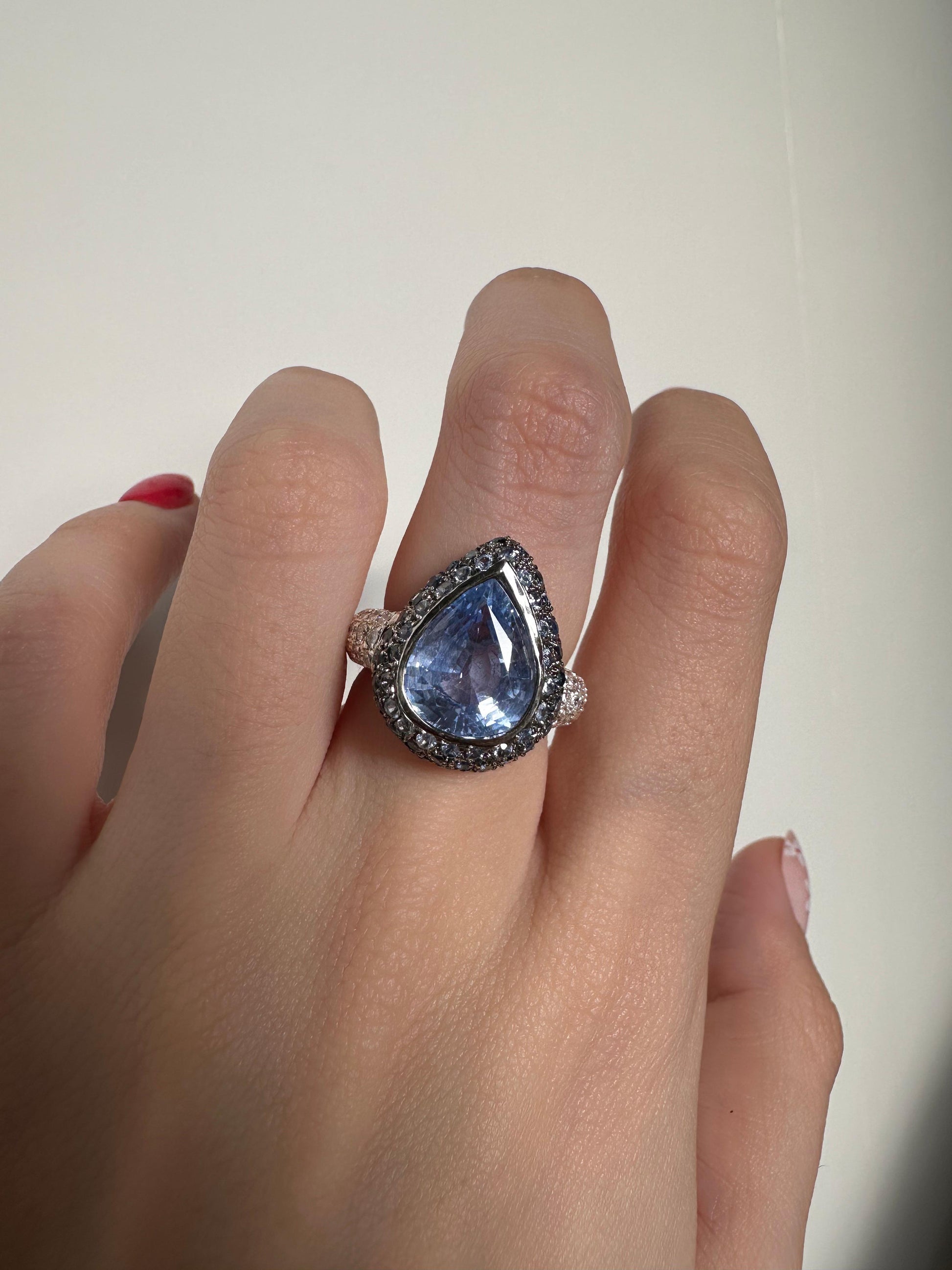 18K White Gold 5.15 Carat Pear Cut Sapphire and Diamond Ring - Size 6.5