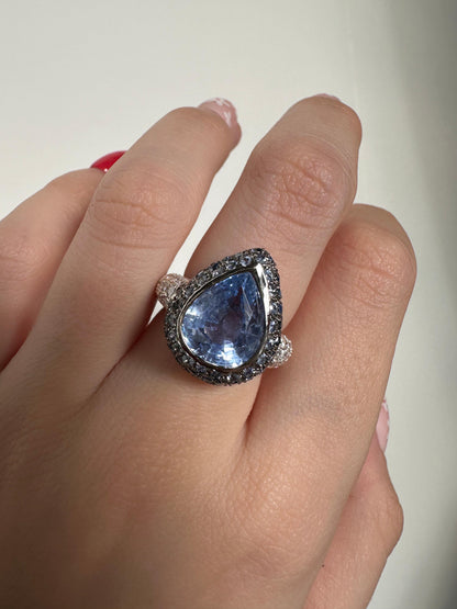 18K White Gold 5.15 Carat Pear Cut Sapphire and Diamond Ring - Size 6.5