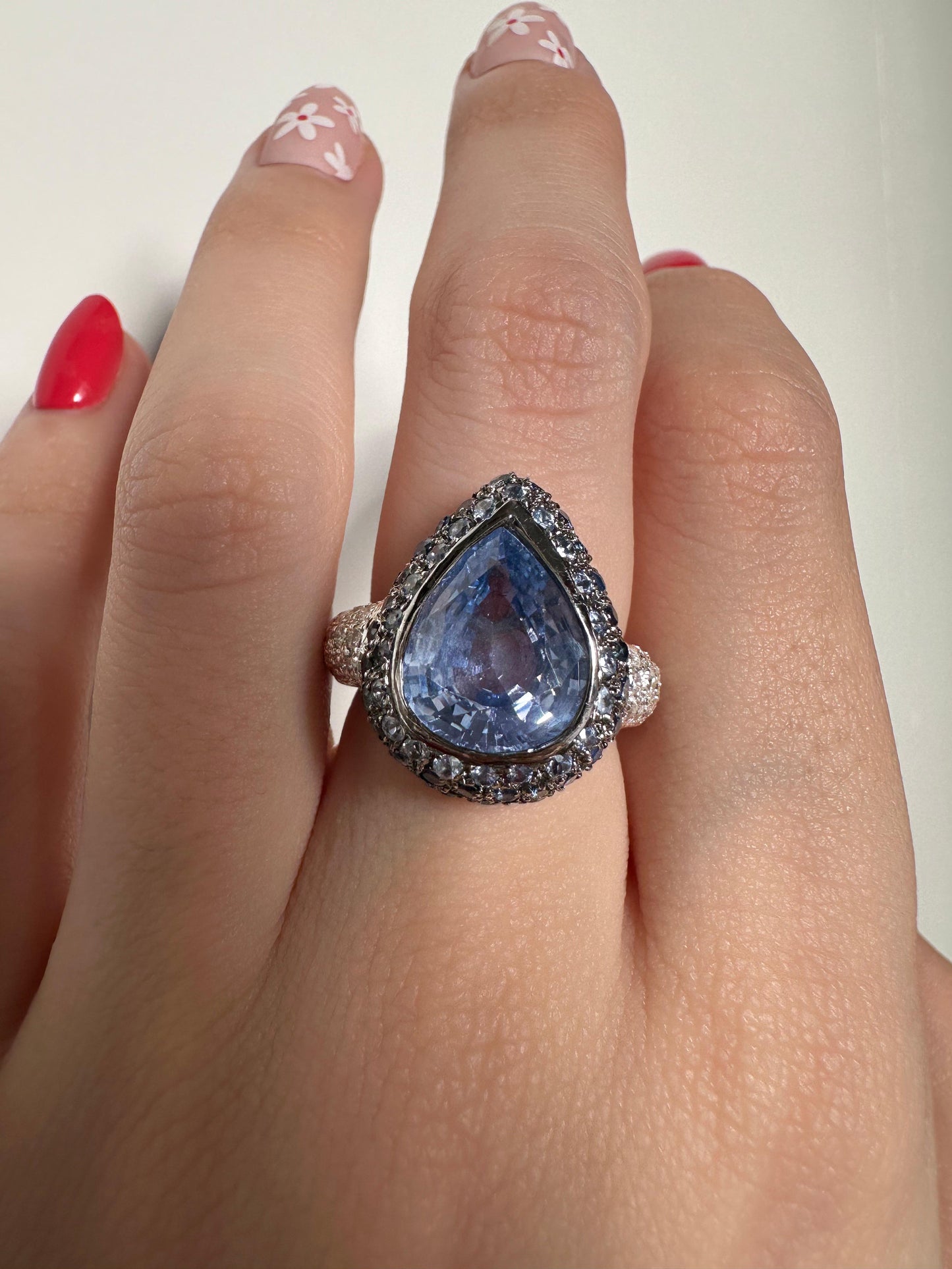 18K White Gold 5.15 Carat Pear Cut Sapphire and Diamond Ring - Size 6.5