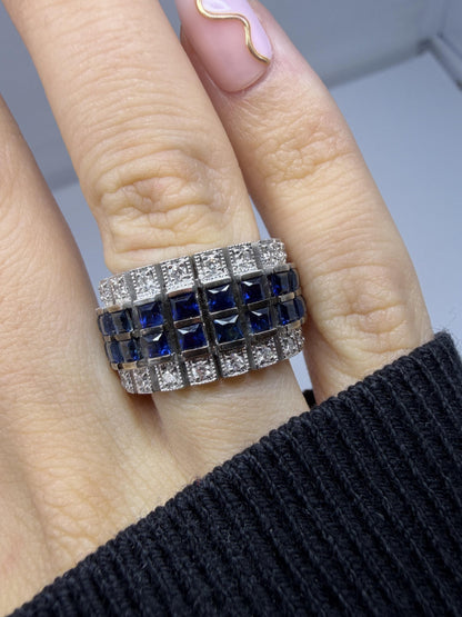 18K White Gold 2.61 Carat Sapphire and Diamond Wide Band Ring - Size 5.50
