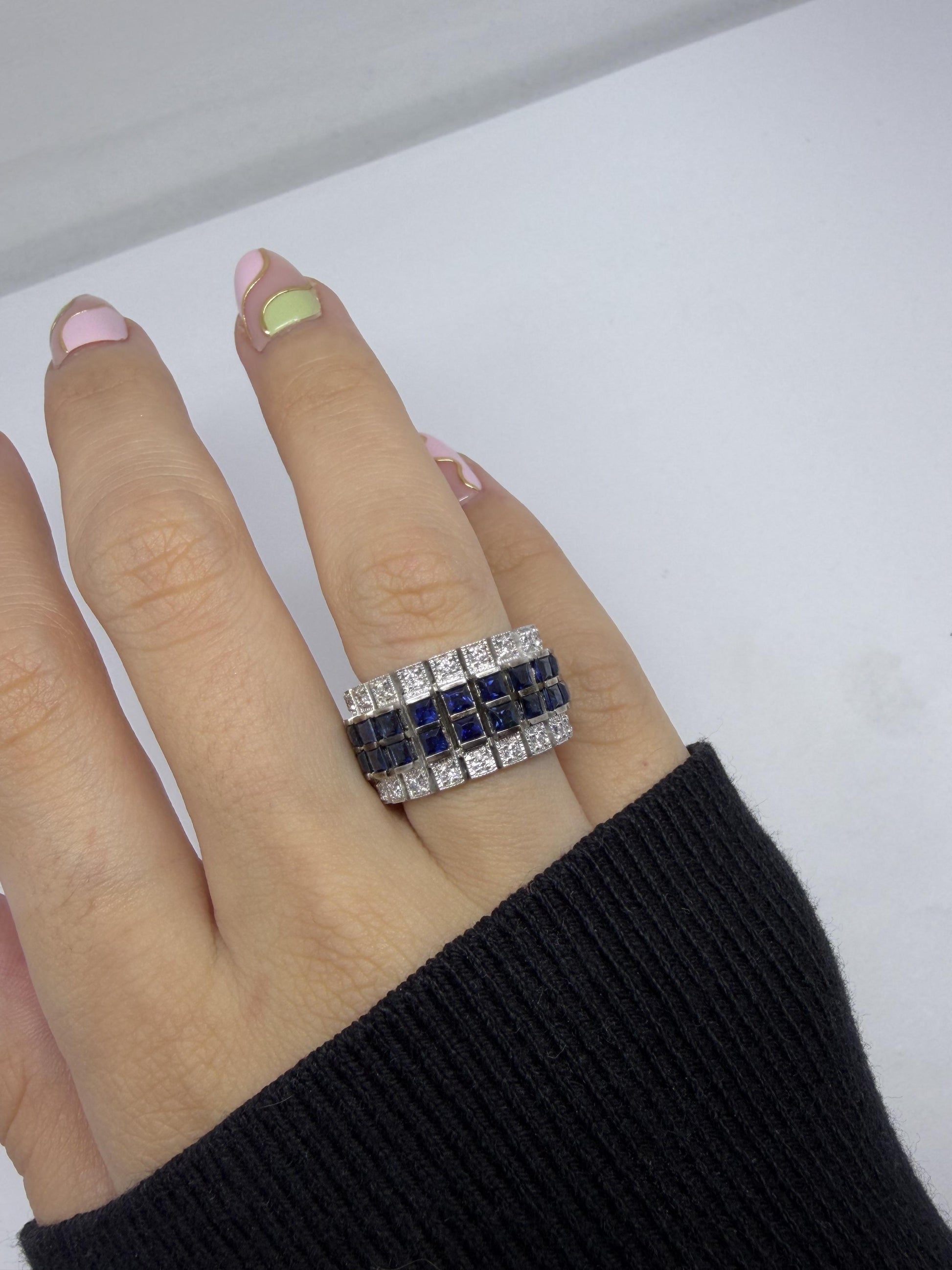 18K White Gold 2.61 Carat Sapphire and Diamond Wide Band Ring - Size 5.50