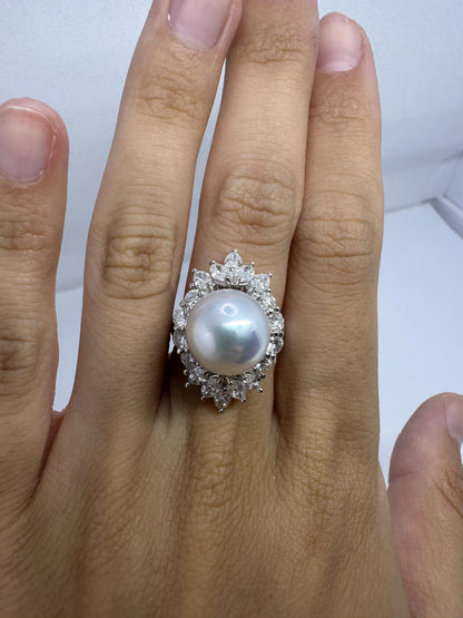 18K Marquise Cut Diamond and Pearl Cocktail Ring