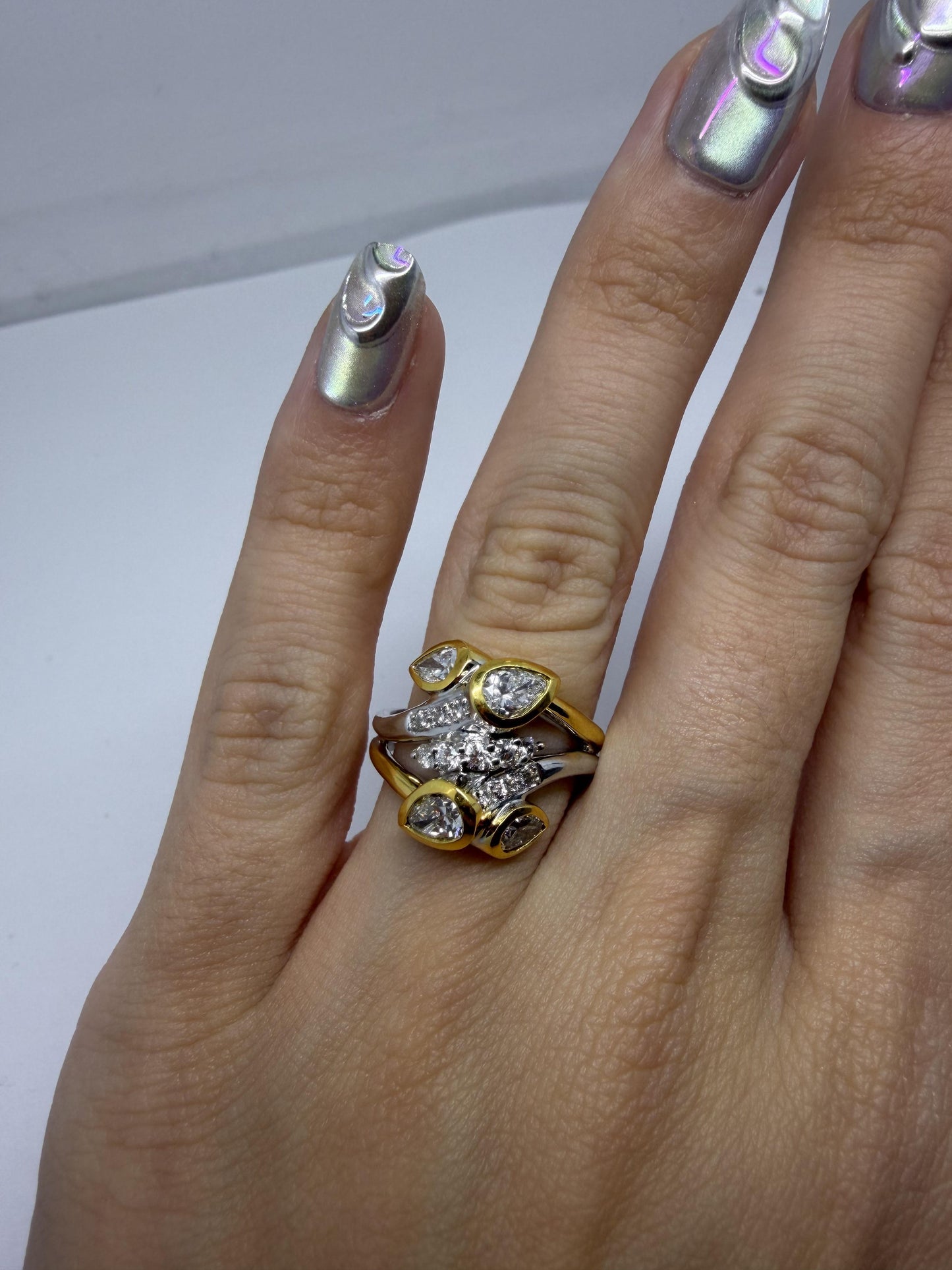18K Two Tone Pear Cut Diamond Ring