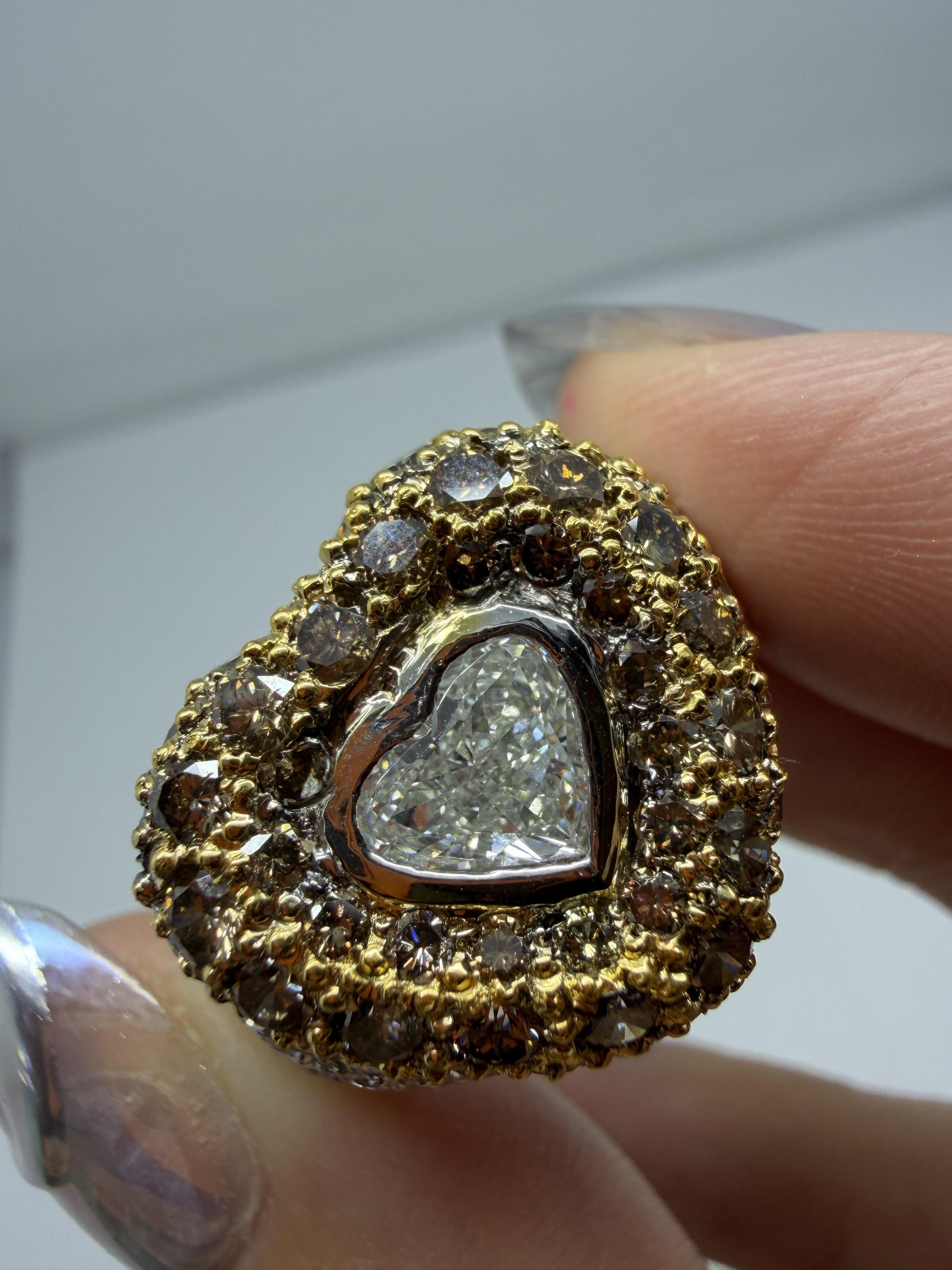 18K Two Tone Heart Shaped White and Brown Diamond Ring