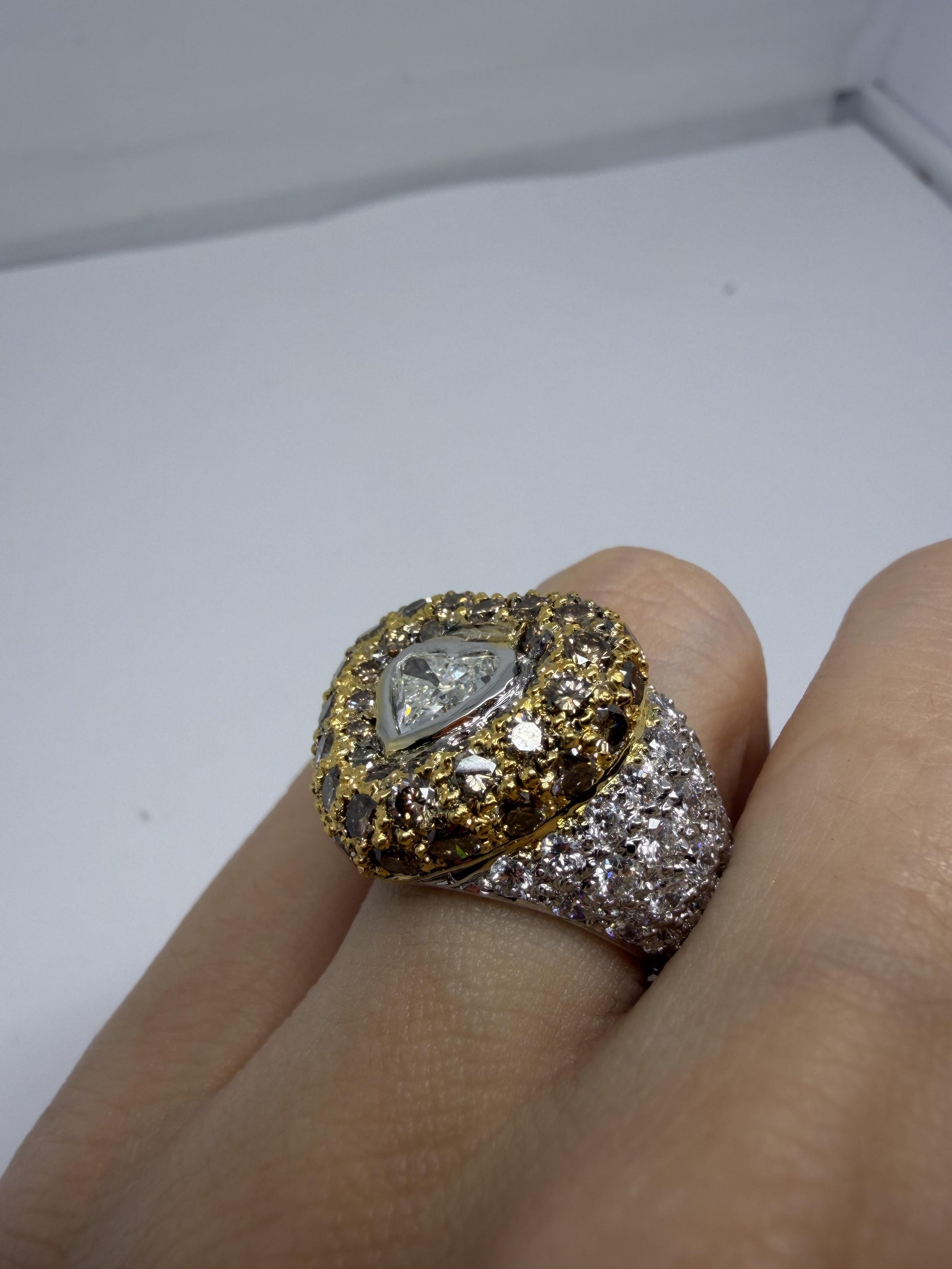 18K Two Tone Heart Shaped White and Brown Diamond Ring