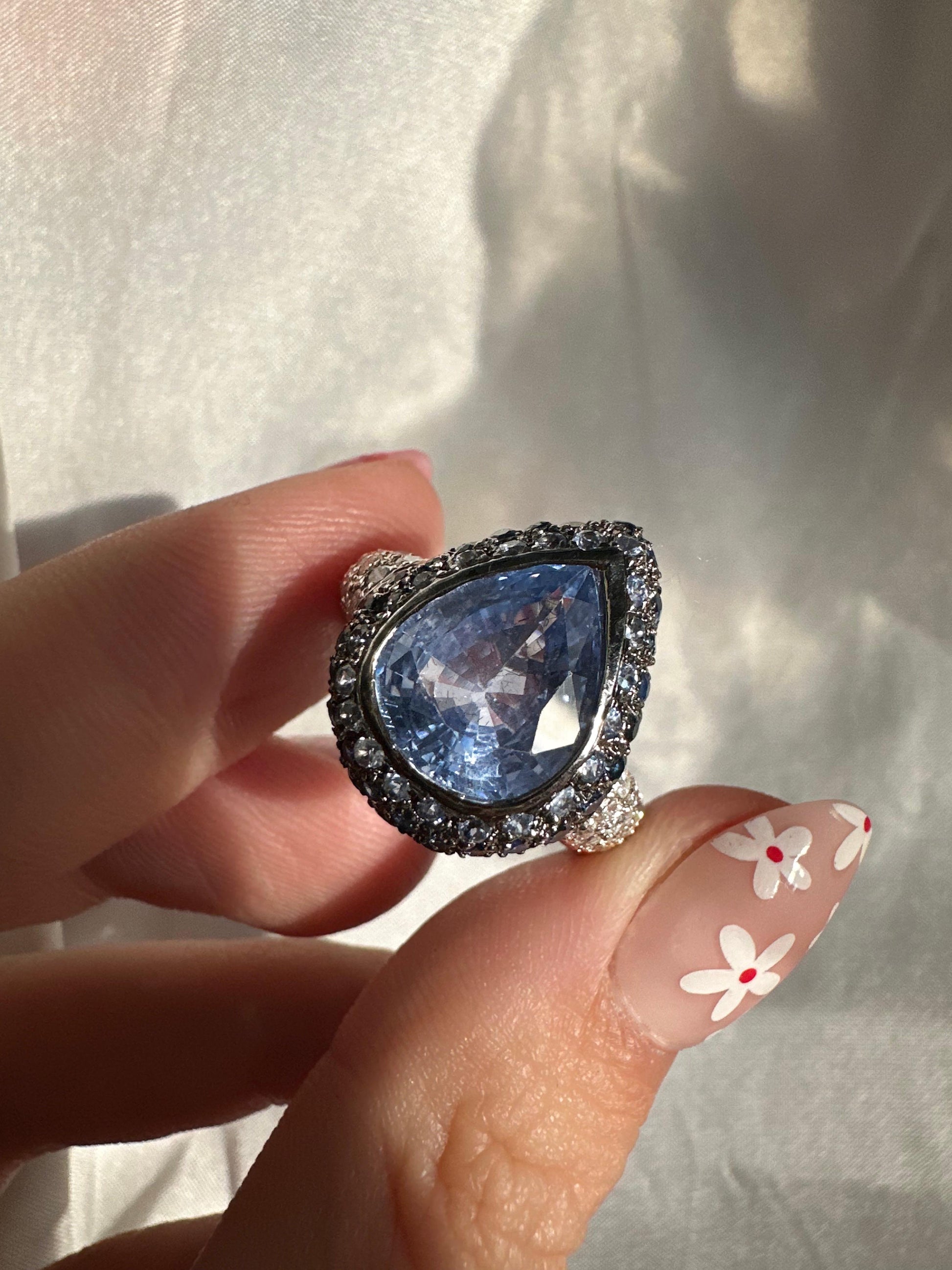 18K White Gold 5.15 Carat Pear Cut Sapphire and Diamond Ring - Size 6.5