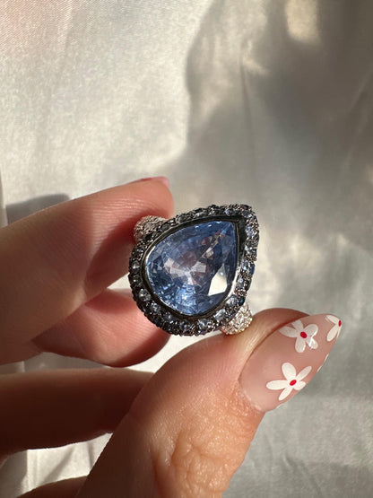 18K White Gold 5.15 Carat Pear Cut Sapphire and Diamond Ring - Size 6.5