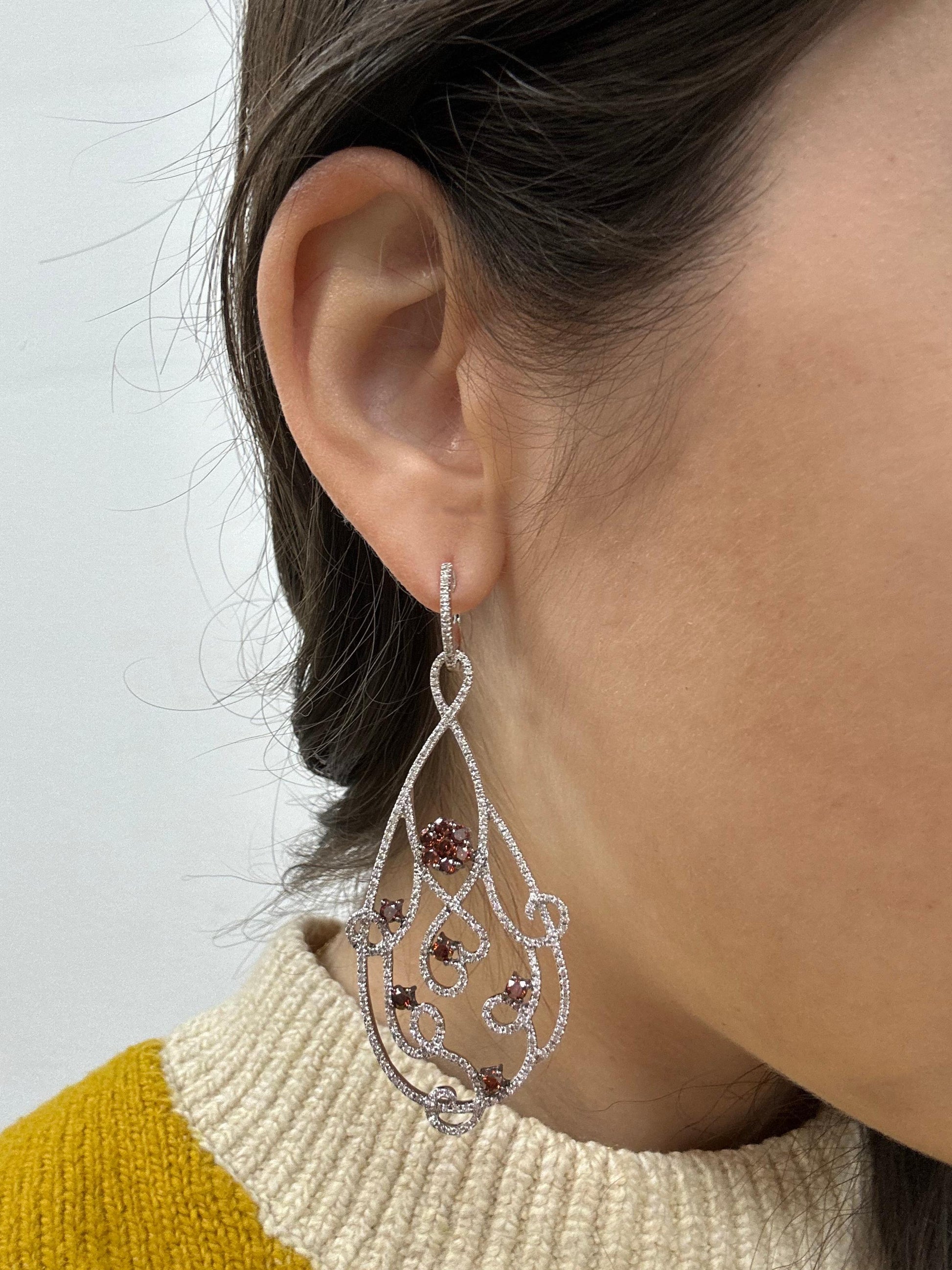 18K White Gold Brown and White Diamond Flower Drop Earrings