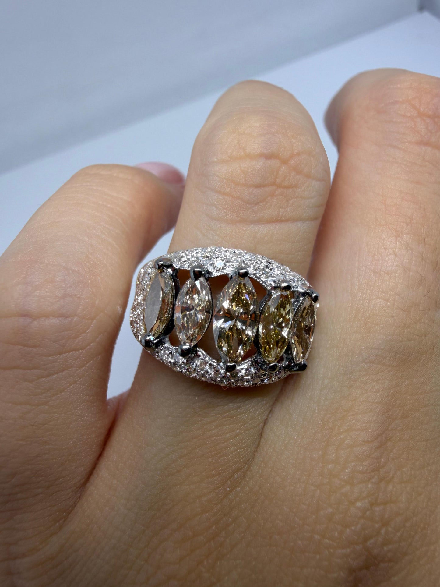 18k White and Champagne Brown Marquise Cut Diamond Wide Band Ring