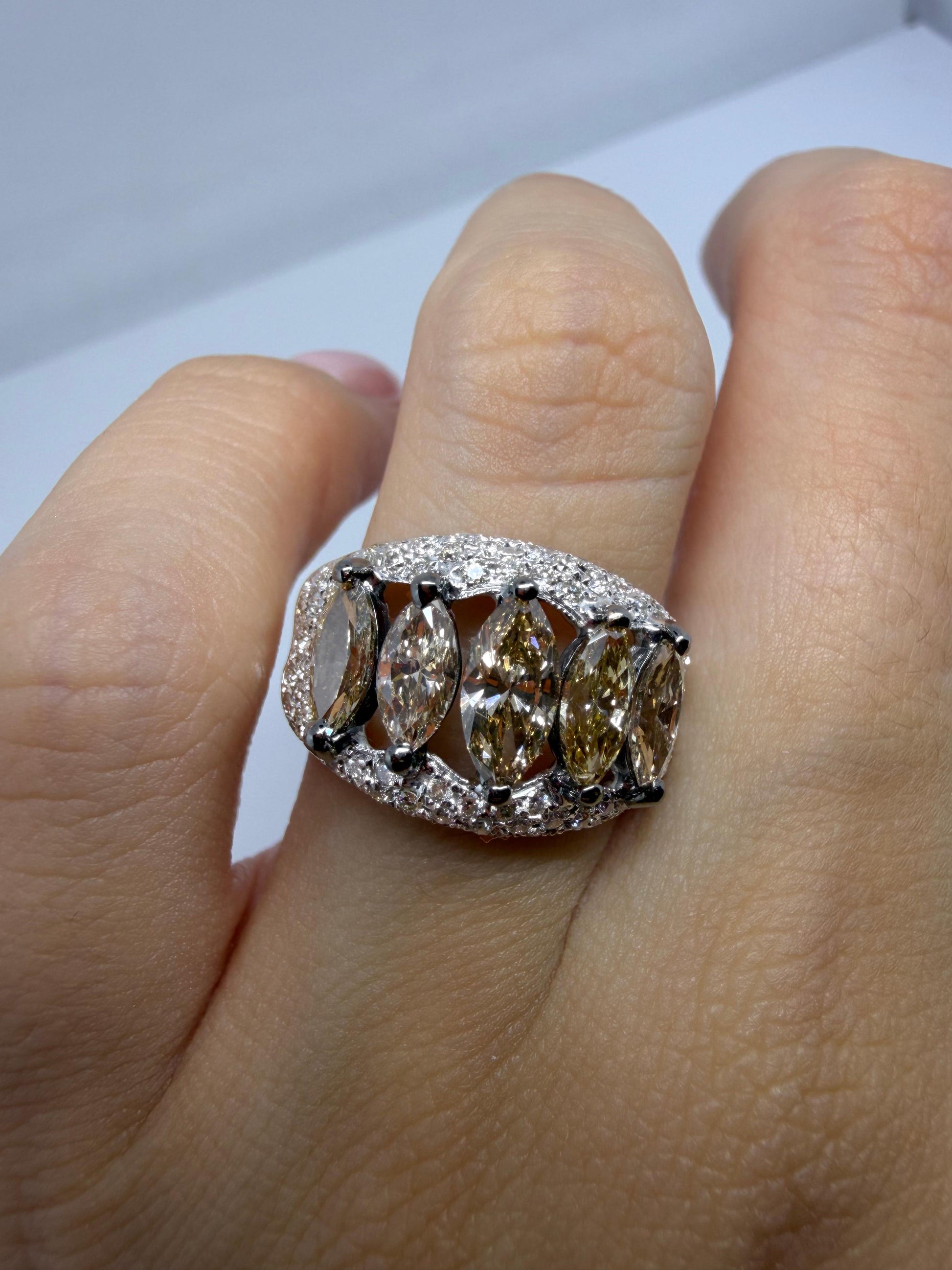 18k White and Champagne Brown Marquise Cut Diamond Wide Band Ring