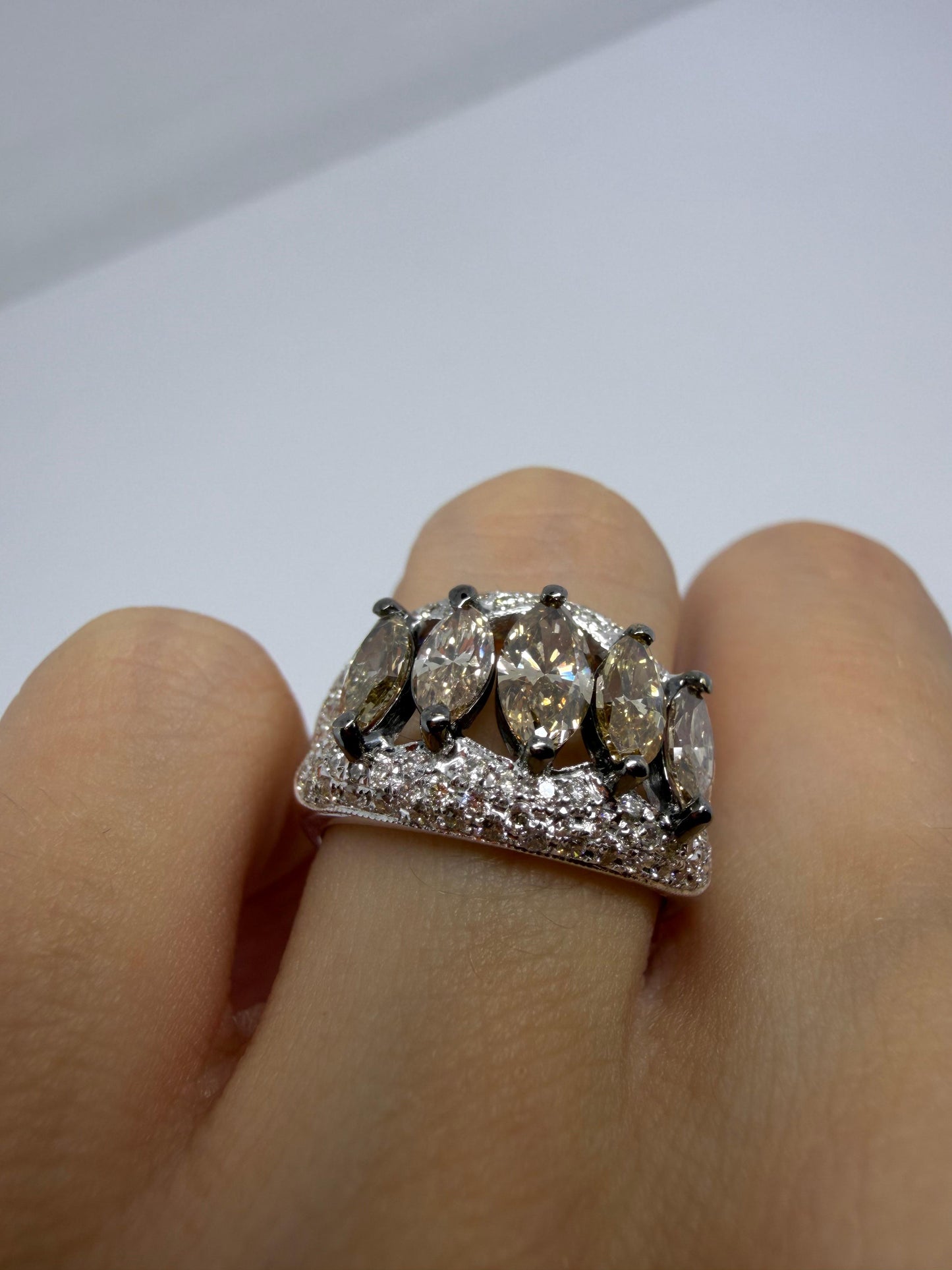 18k White and Champagne Brown Marquise Cut Diamond Wide Band Ring