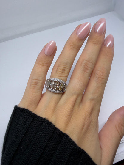 18k White and Champagne Brown Marquise Cut Diamond Wide Band Ring