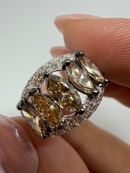 18k White and Champagne Brown Marquise Cut Diamond Wide Band Ring