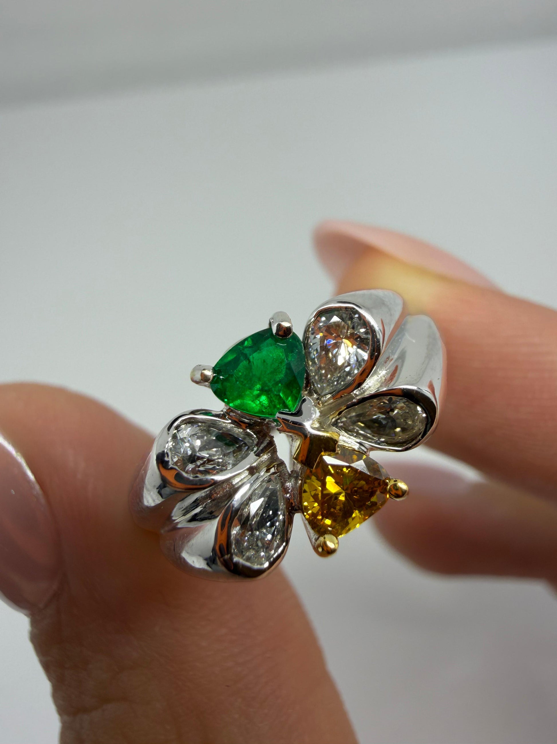 18k Pear Cut White and Yellow Diamond, and Emerald Butterfly Band Ring