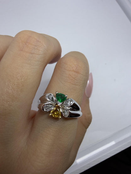 18k Pear Cut White and Yellow Diamond, and Emerald Butterfly Band Ring