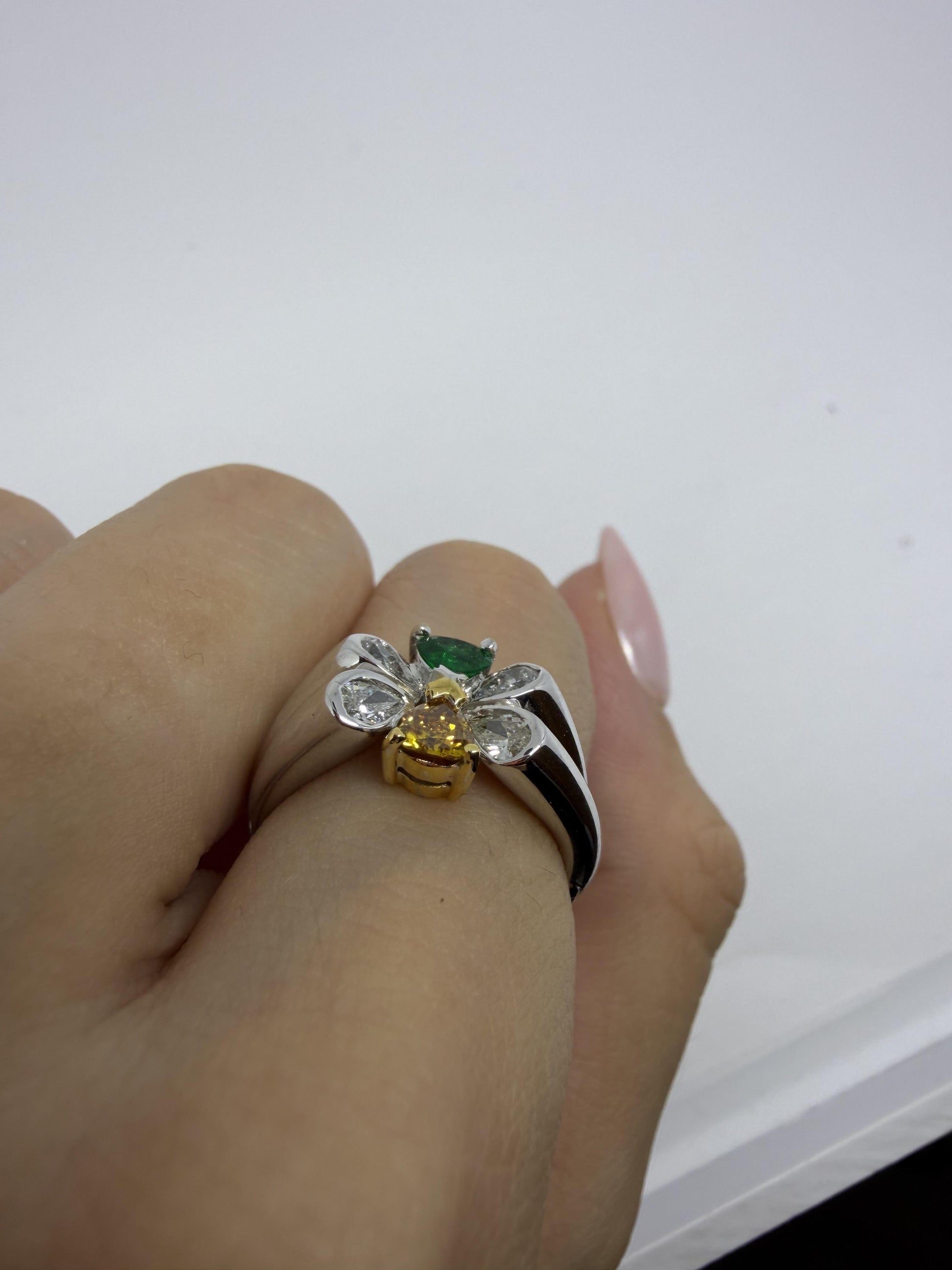 18k Pear Cut White and Yellow Diamond, and Emerald Butterfly Band Ring