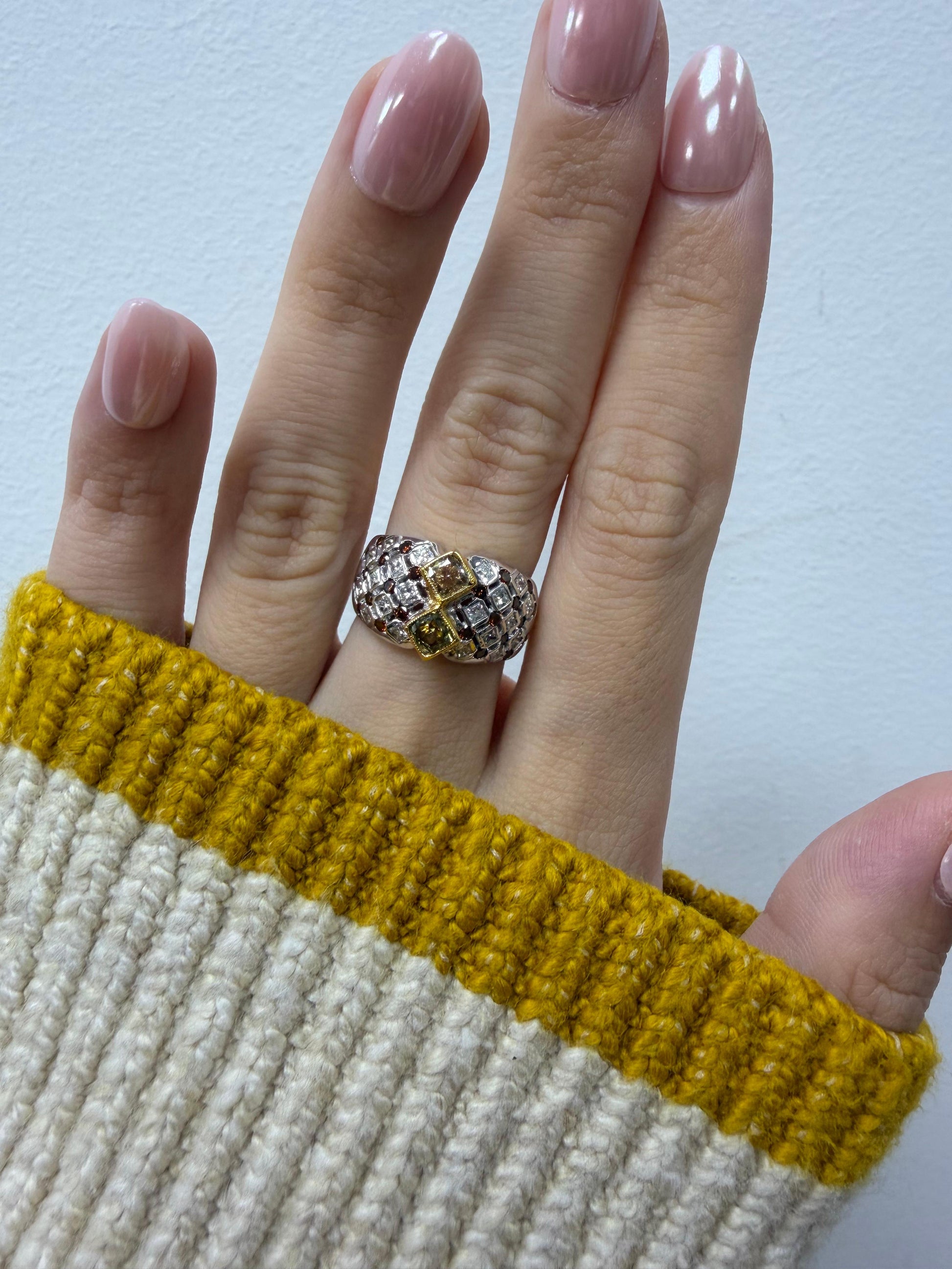 18K Two Tone Brown and White Diamond Wide Band Abstract Ring - Size