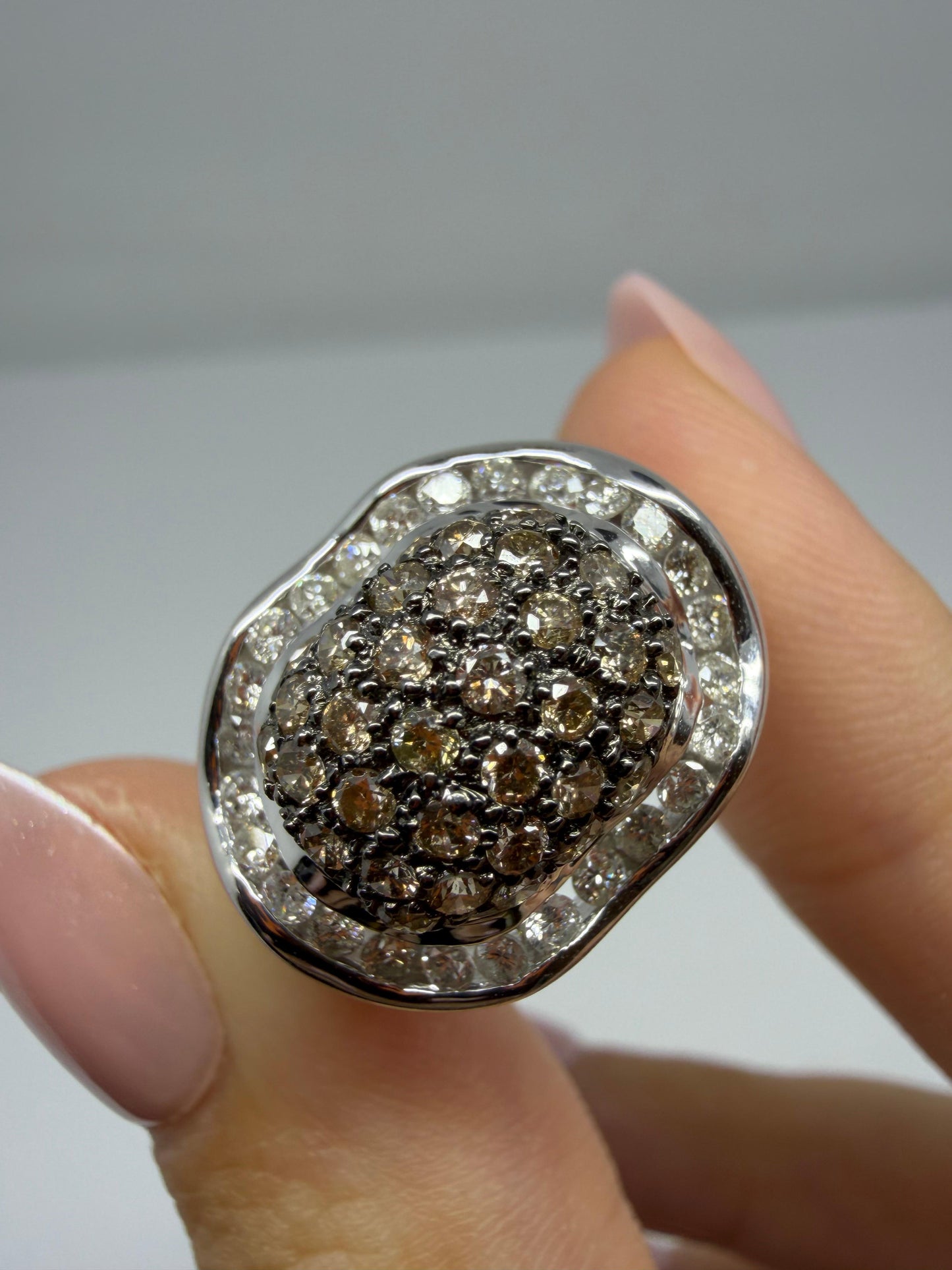 14K White Gold Brown and White Diamond Wide Band Dome Ring