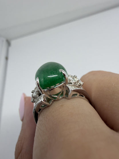 18K White Gold 5.19 Carat Cabochon Emerald and Diamond Ring