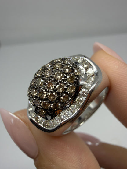 14K White Gold Brown and White Diamond Wide Band Dome Ring