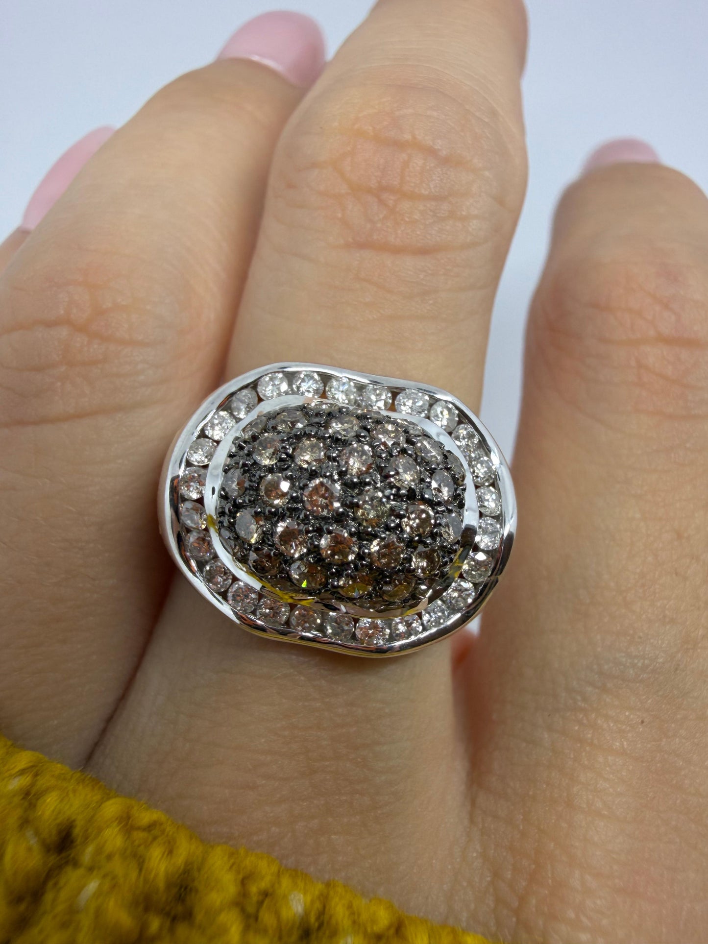 14K White Gold Brown and White Diamond Wide Band Dome Ring