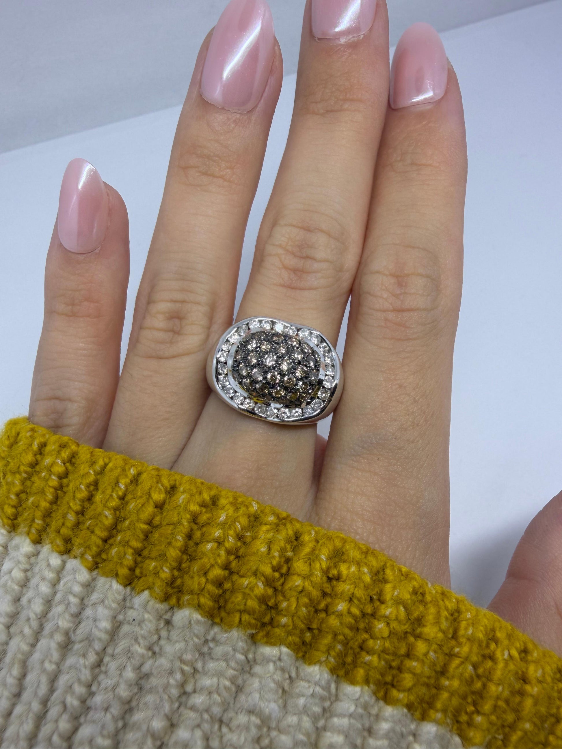 14K White Gold Brown and White Diamond Wide Band Dome Ring