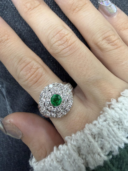 18K White Gold .42 Carat Round Cut Emerald and Diamond Ring - Size 8