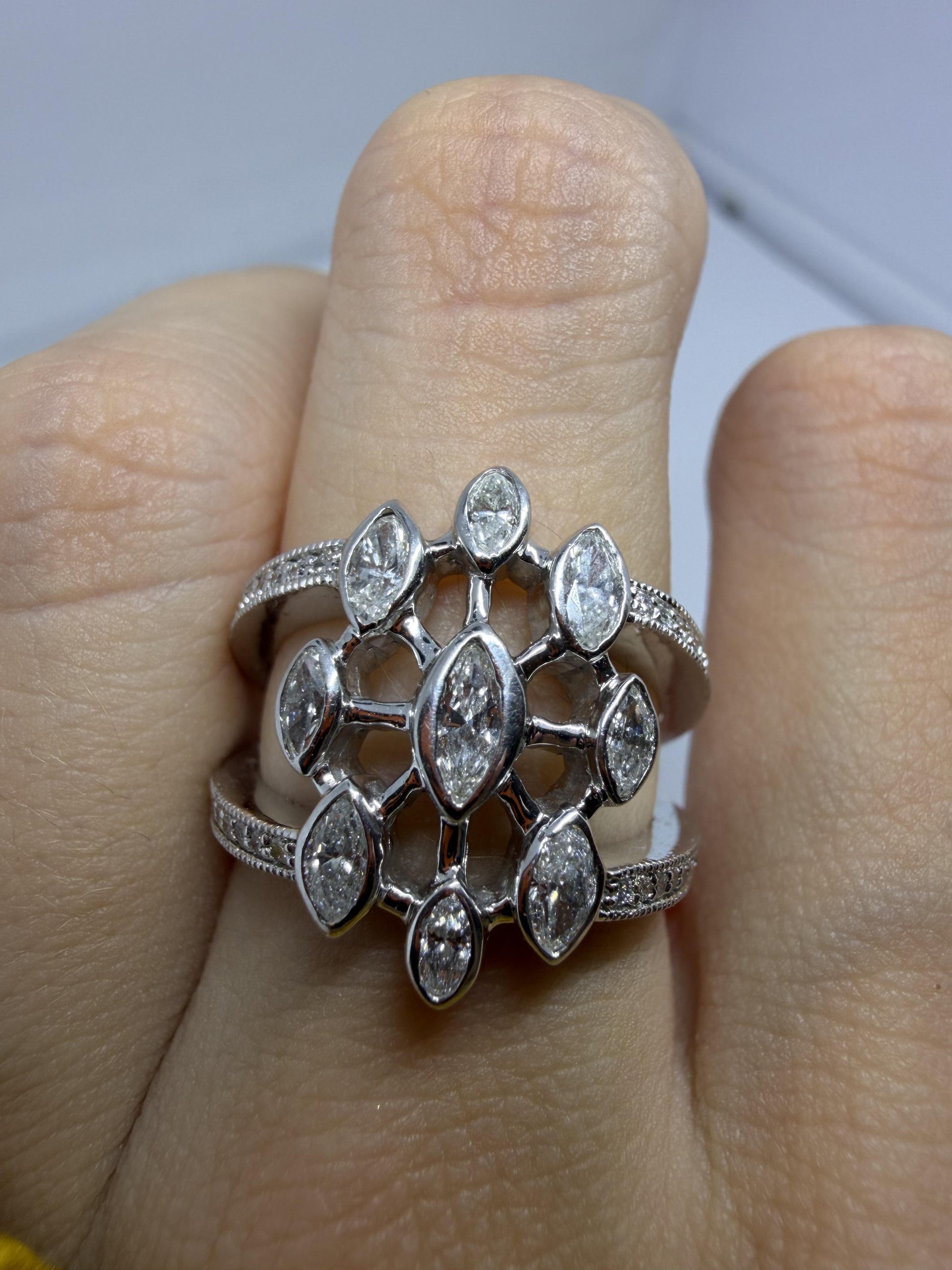 14K White Gold .93 Carat Marquise Cut Diamond Band Ring