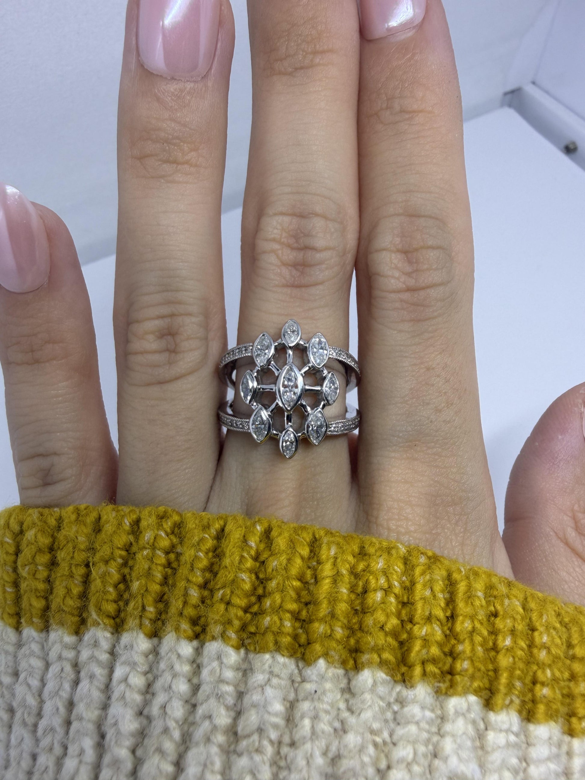 14K White Gold .93 Carat Marquise Cut Diamond Band Ring