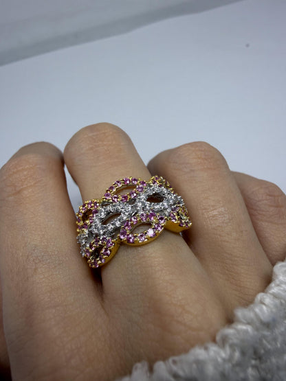 18K Two Tone Pink Sapphire and Diamond Band