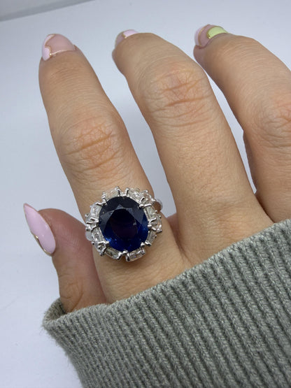 18K White Gold 4.64 Carat Sapphire and Rose Cut Diamond Ring
