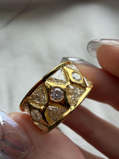 18k Two Tone Trillion Cut Diamond Wide Band Ring with Abstract Design