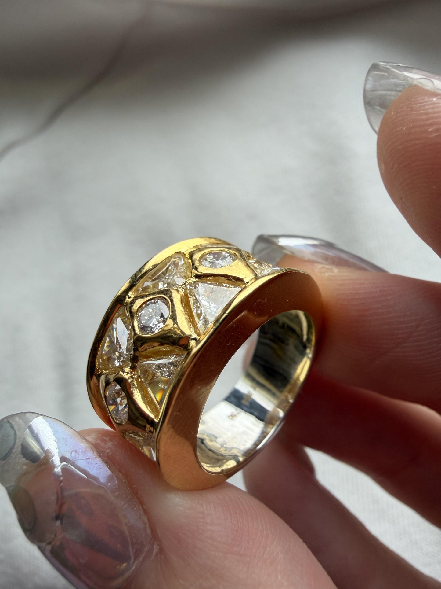 18k Two Tone Trillion Cut Diamond Wide Band Ring with Abstract Design