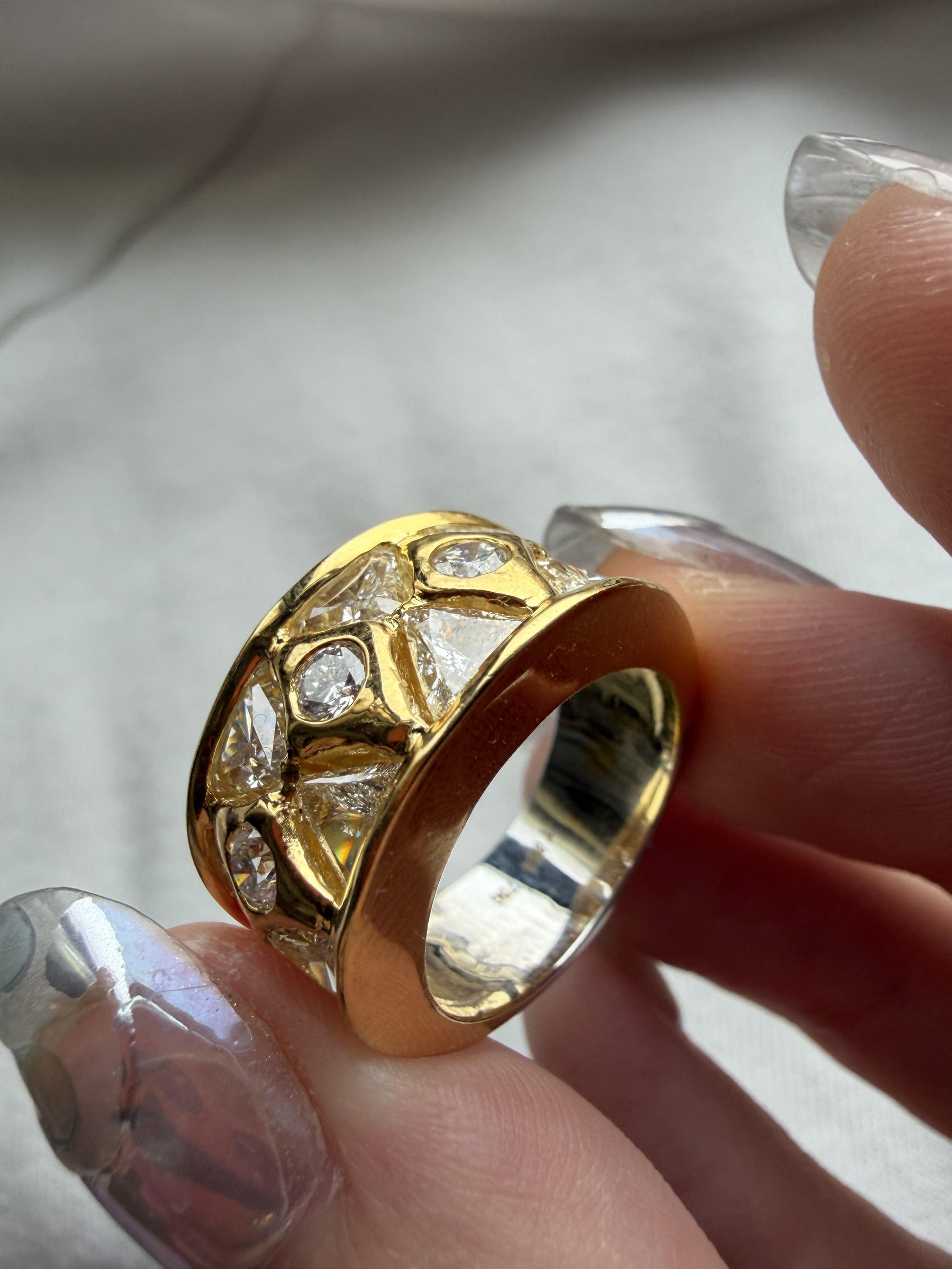 18k Two Tone Trillion Cut Diamond Wide Band Ring with Abstract Design