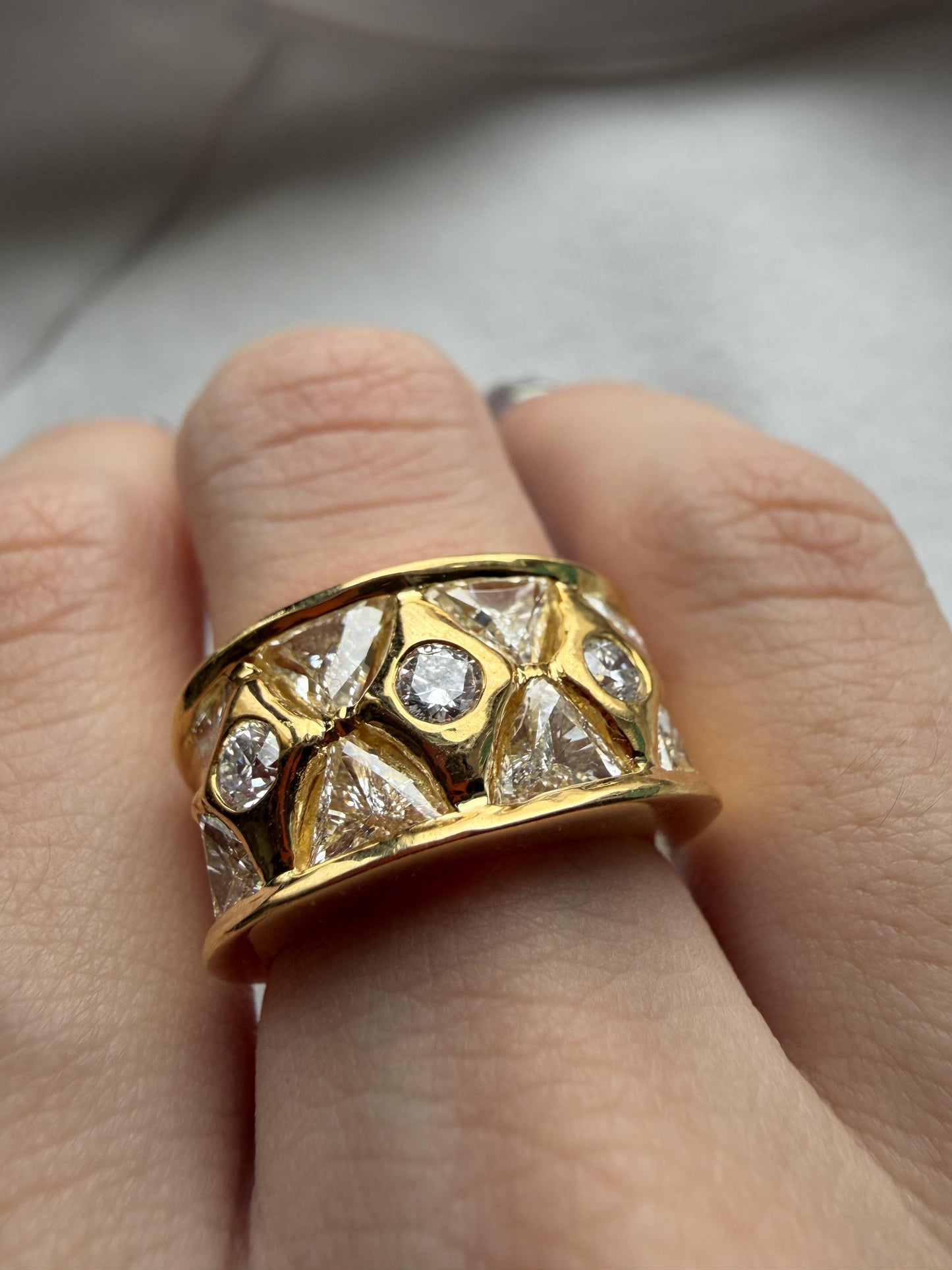 18k Two Tone Trillion Cut Diamond Wide Band Ring with Abstract Design