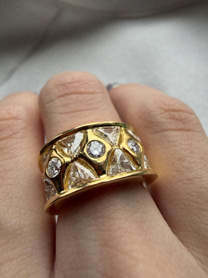 18k Two Tone Trillion Cut Diamond Wide Band Ring with Abstract Design