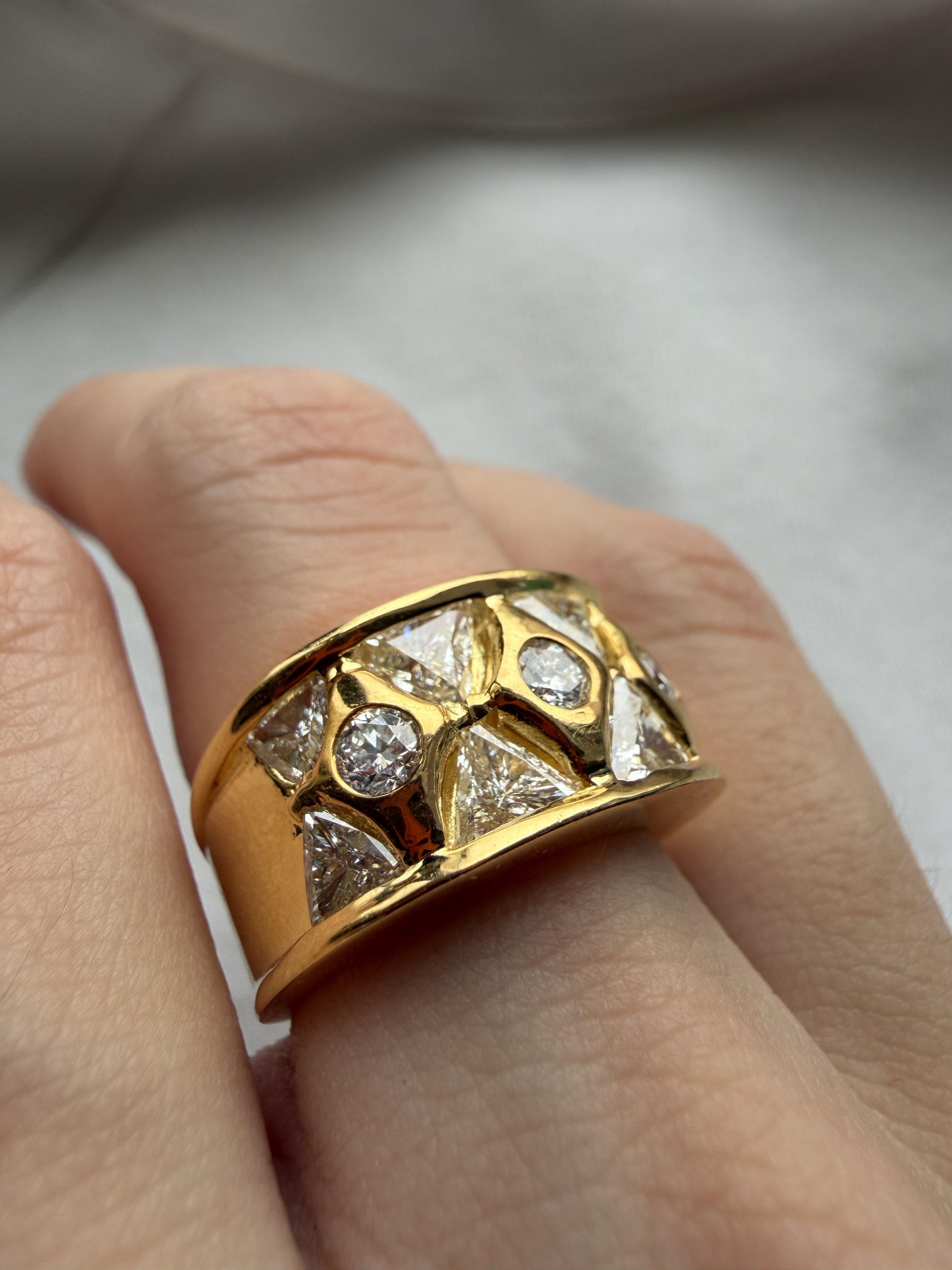 18k Two Tone Trillion Cut Diamond Wide Band Ring with Abstract Design