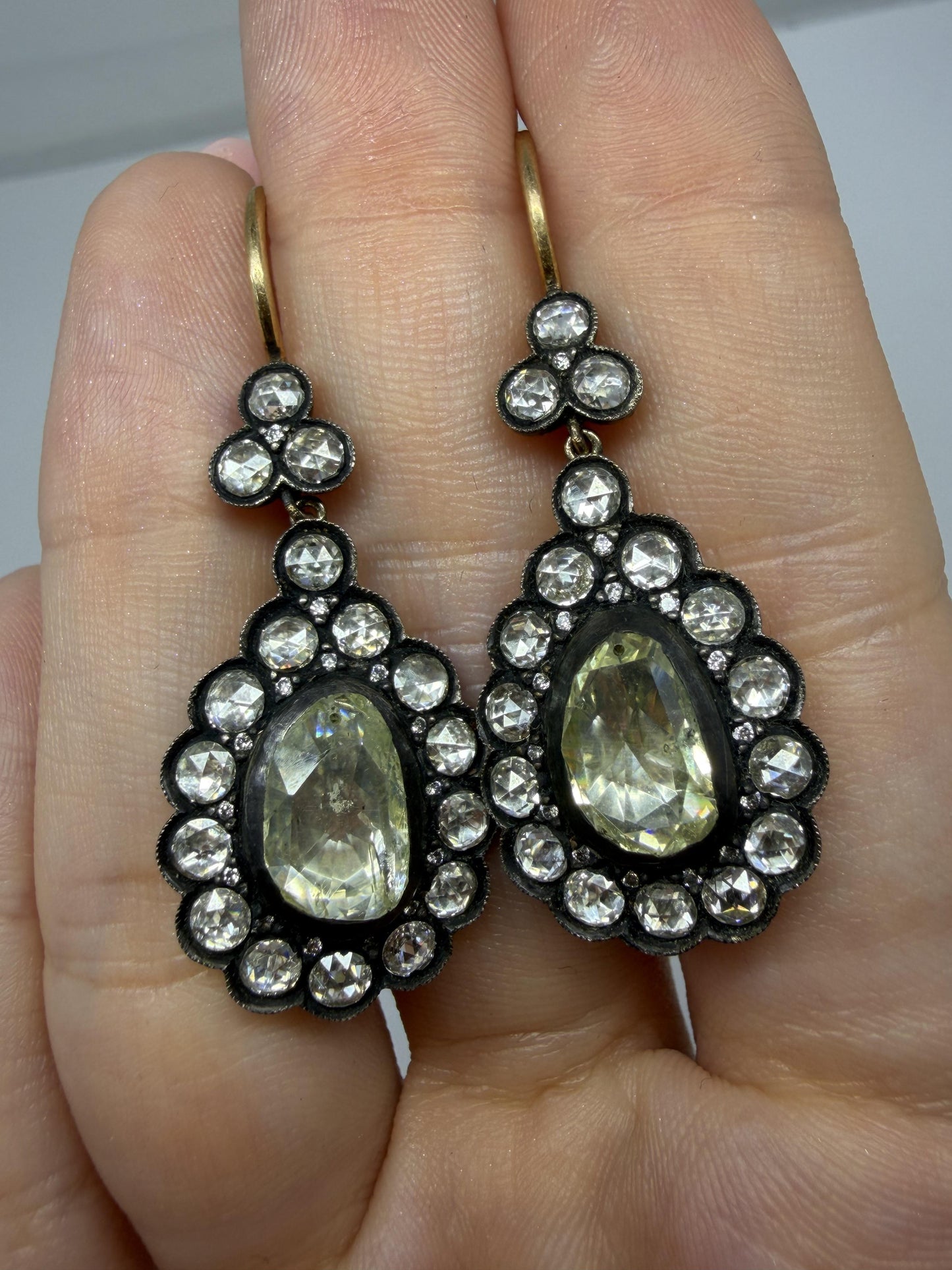 18K Yellow Gold and Silver Top 6.22 Carat Rose Cut Diamond Drop Earrings