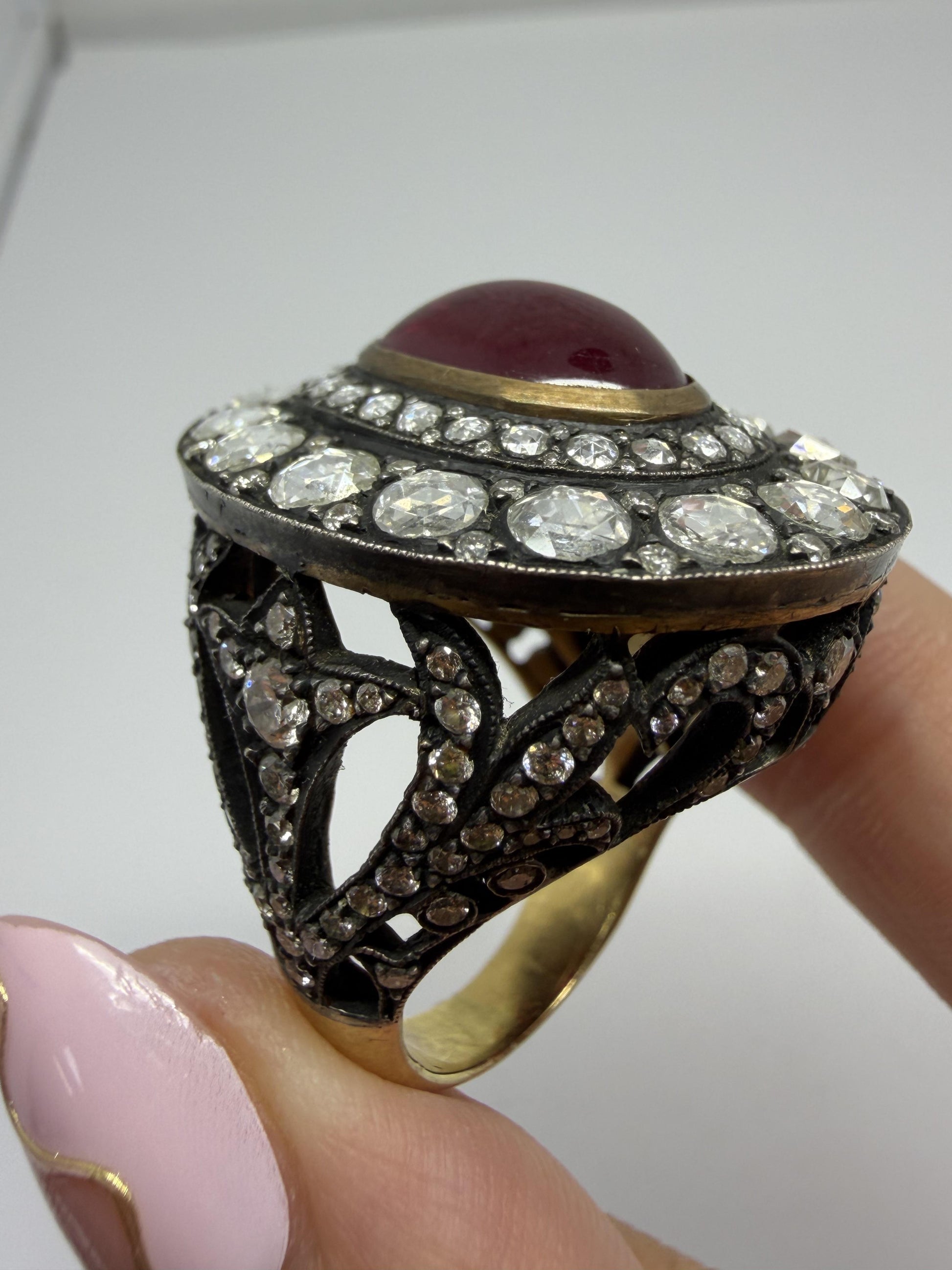 Vintage Inspired 18K 9.02 Carat African Ruby and Diamond Cocktail Ring
