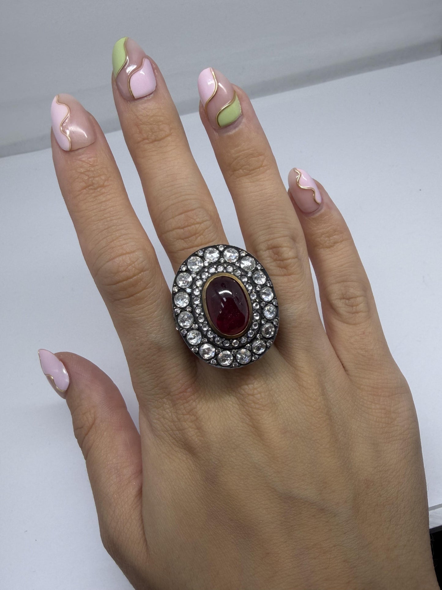 Vintage Inspired 18K 9.02 Carat African Ruby and Diamond Cocktail Ring