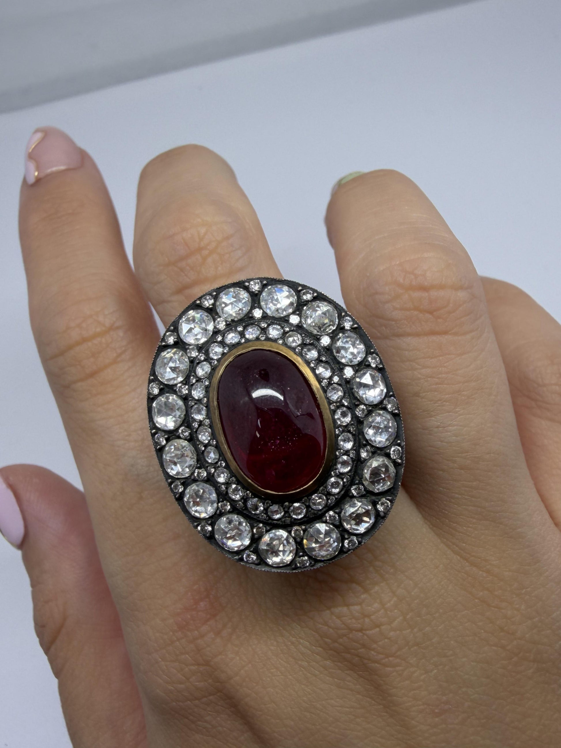 Vintage Inspired 18K 9.02 Carat African Ruby and Diamond Cocktail Ring