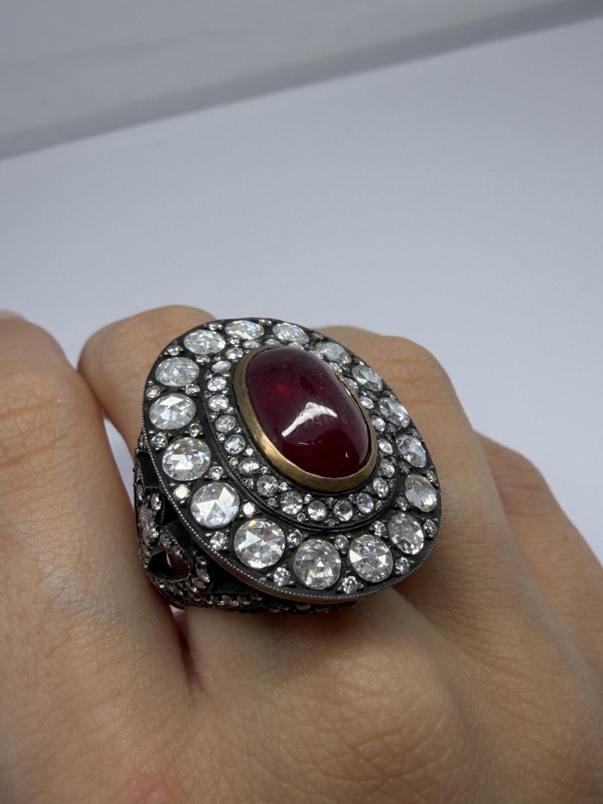 Vintage Inspired 18K 9.02 Carat African Ruby and Diamond Cocktail Ring