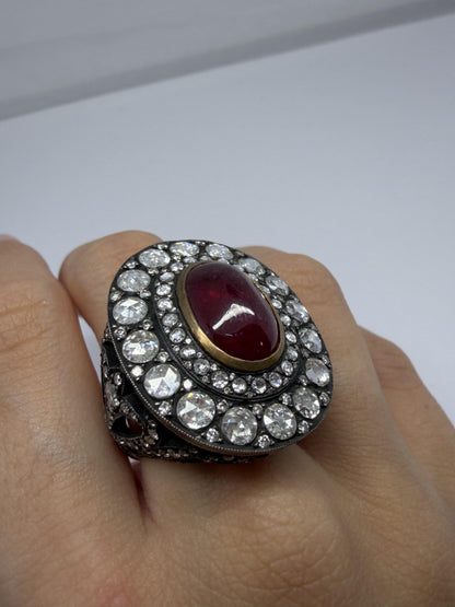Vintage Inspired 18K 9.02 Carat African Ruby and Diamond Cocktail Ring