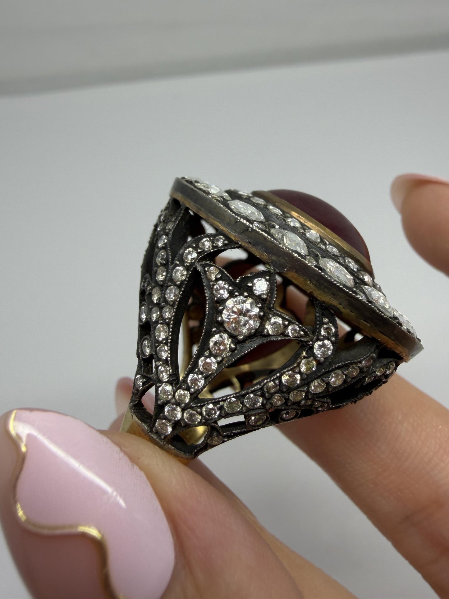 Vintage Inspired 18K 9.02 Carat African Ruby and Diamond Cocktail Ring