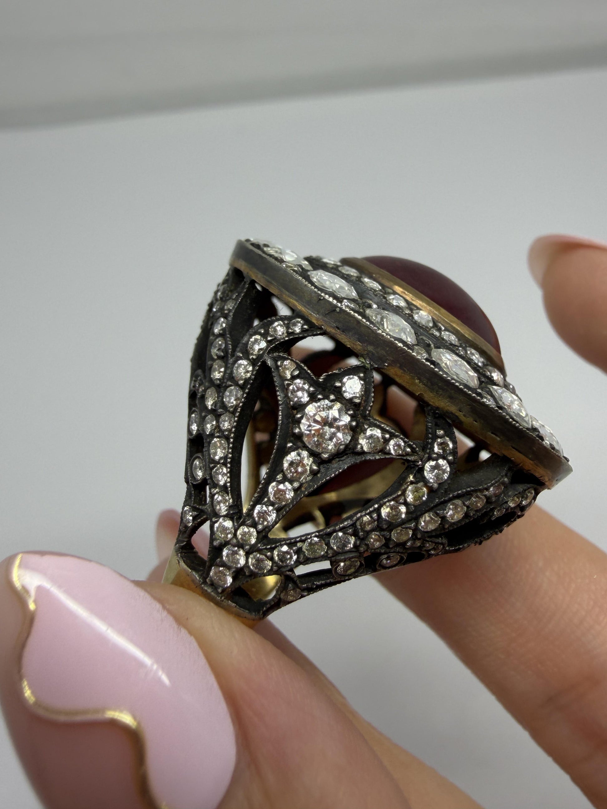 Vintage Inspired 18K 9.02 Carat African Ruby and Diamond Cocktail Ring
