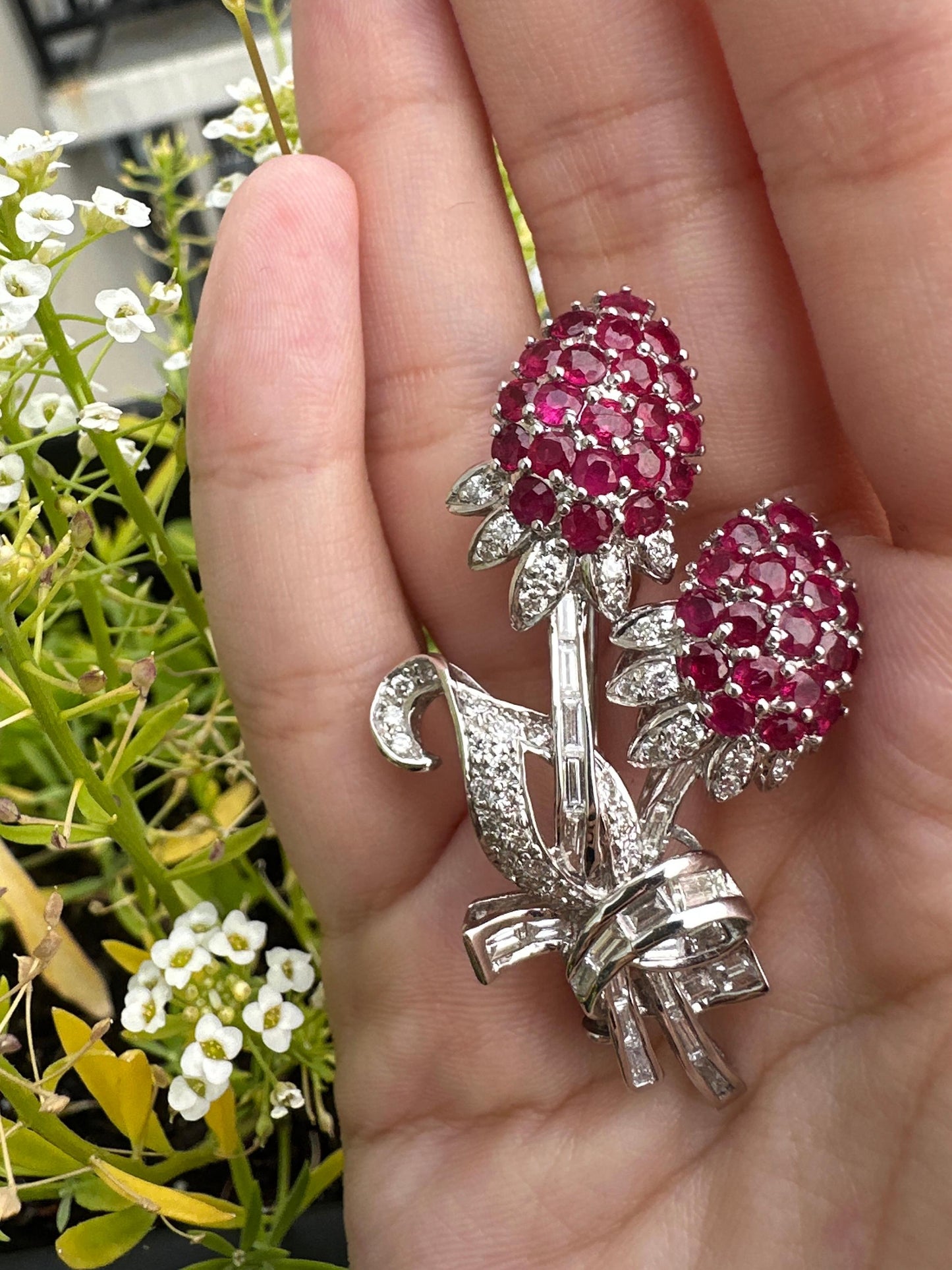 18K Diamond and Ruby Flower Brooch