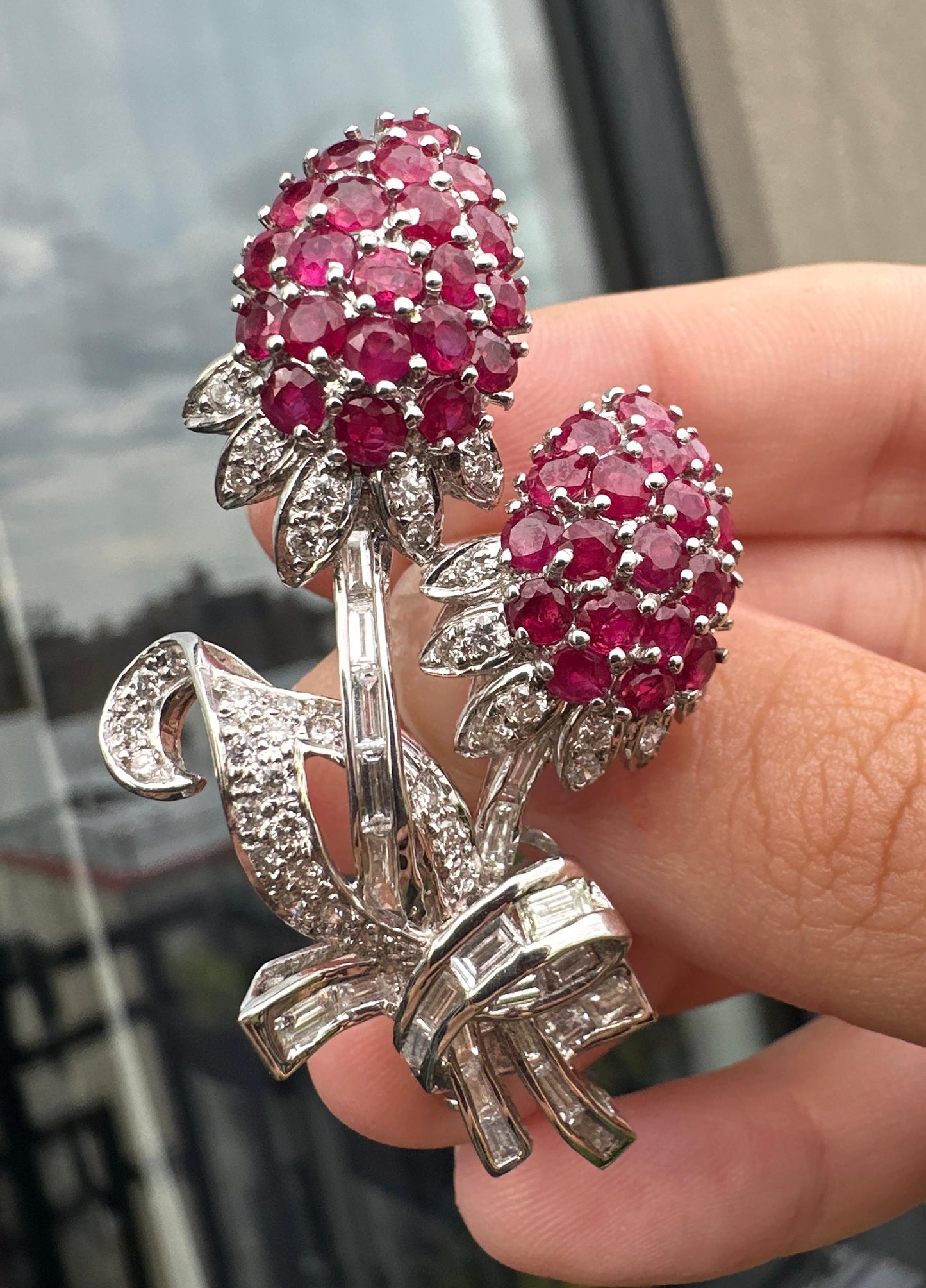 18K Diamond and Ruby Flower Brooch