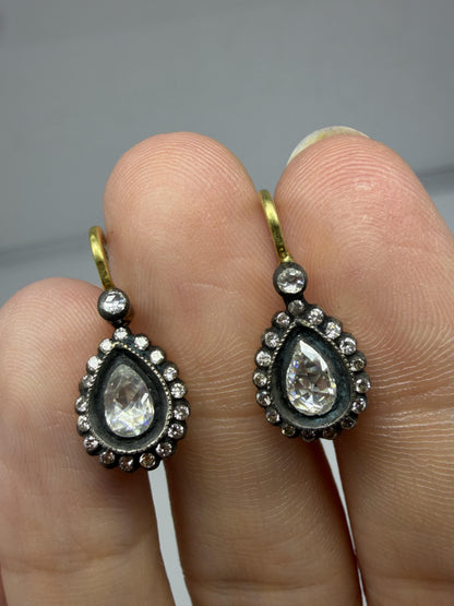 18K Yellow Gold and Silver Top .77 Carat Rose Cut Diamond Drop Earrings