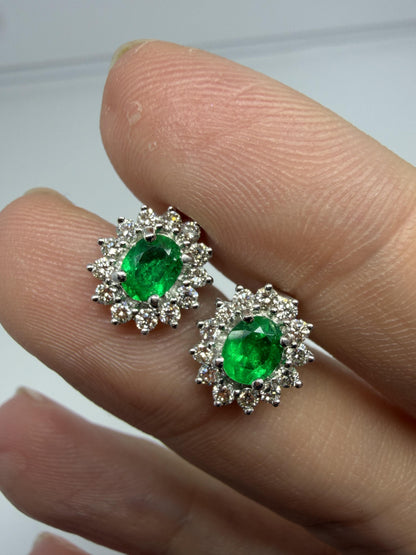 18k White Gold .56 Carat Oval Cut Emerald and Diamond Stud Earrings
