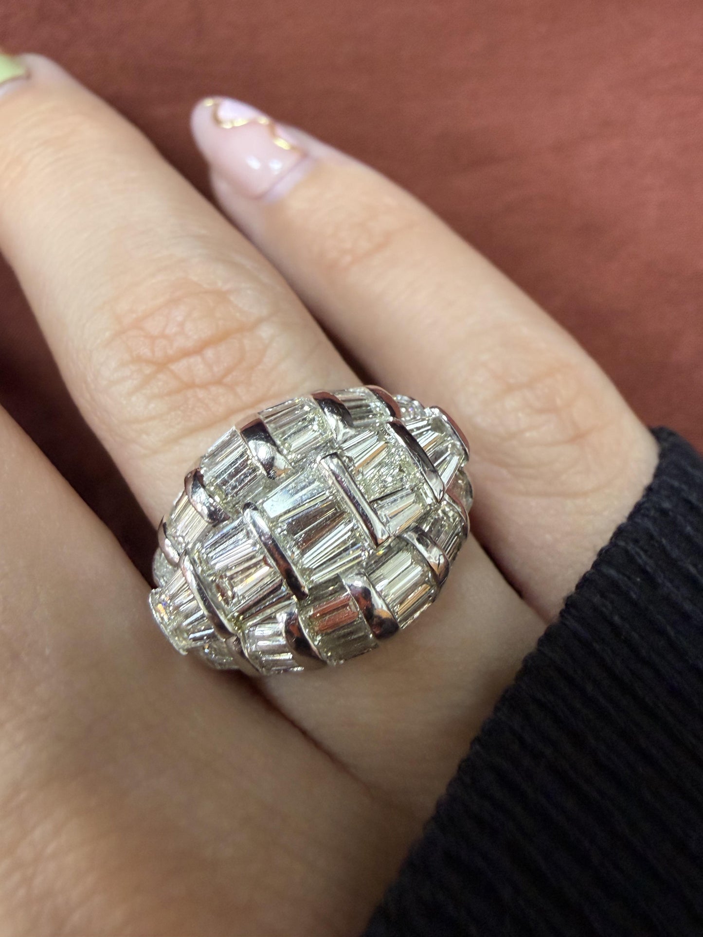 18k White Gold 3.58 Carat Tapered Baguette Cut Diamond Dome Ring